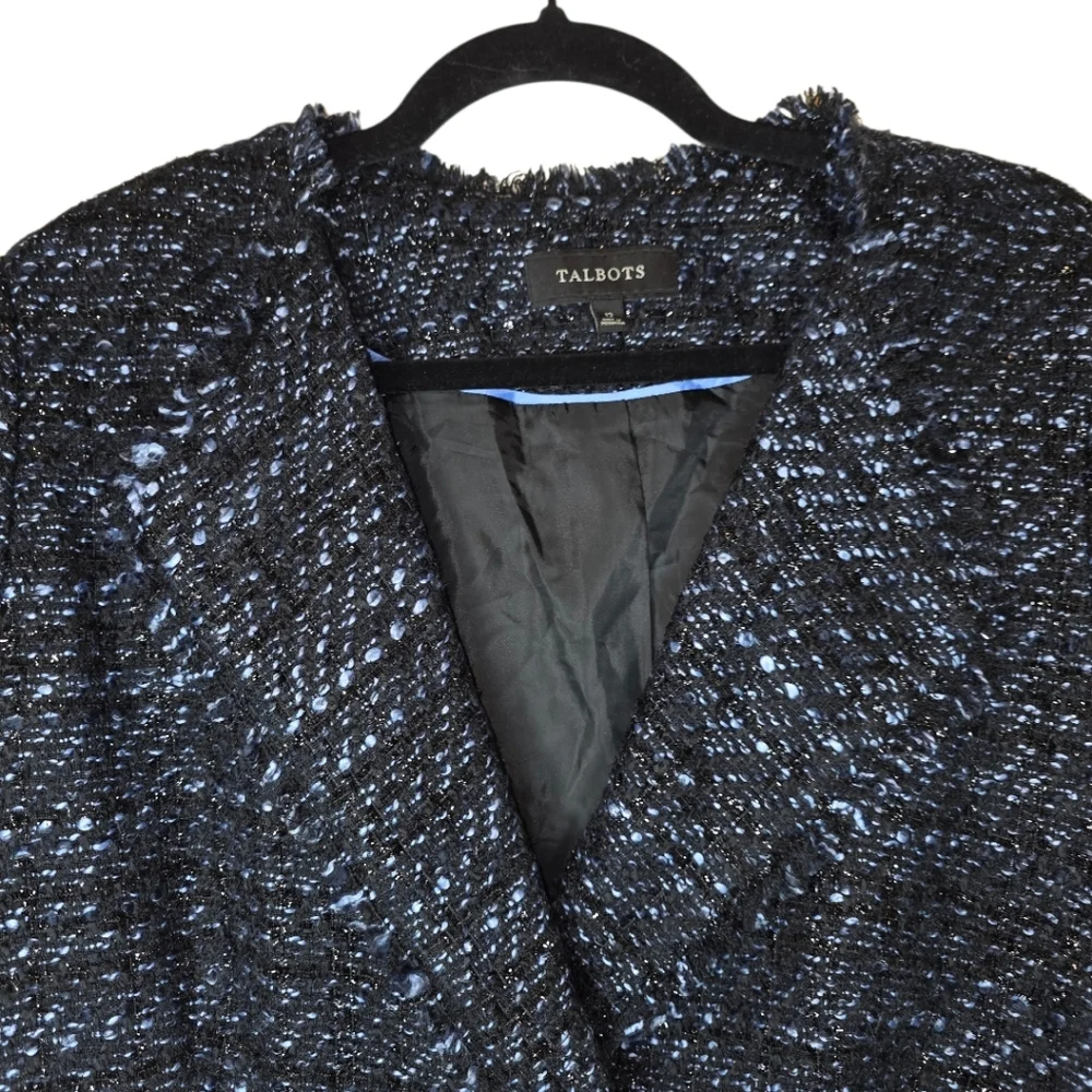 TALBOTS Vienna Black/Blue Metallic Tweed Fringe‎ Jacket - Size 12